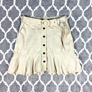 Banana Republic Skirt Size 2 Petite Linen Tan Button Front Ruffle Hem Belted